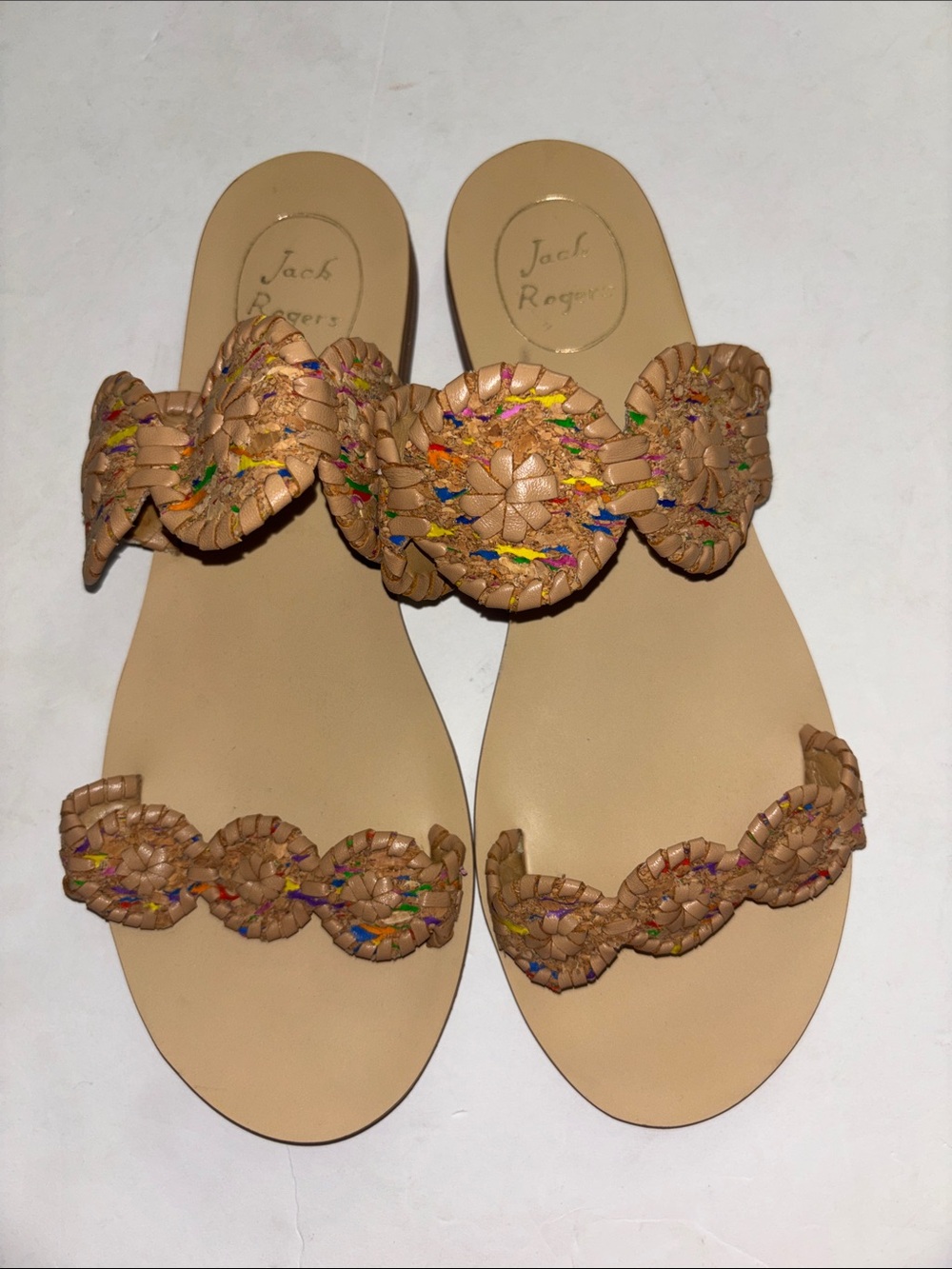 Jack Rogers Tan Leather Braided Slide Sandals with Multicolor Thread SIZE 8.5